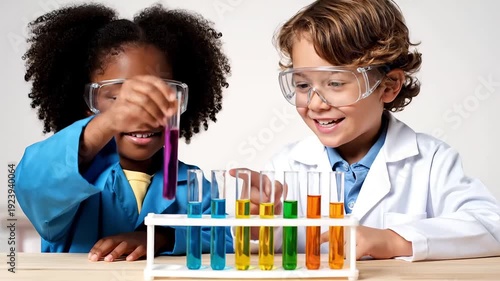 Diverse young children wearing lab coats and safety goggles conducting a colorful science experiment