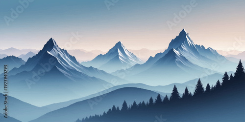 Majestic sunrise over snow-capped Himalayan peaks and alpine valleys under a cold winter sky with clouds and fog