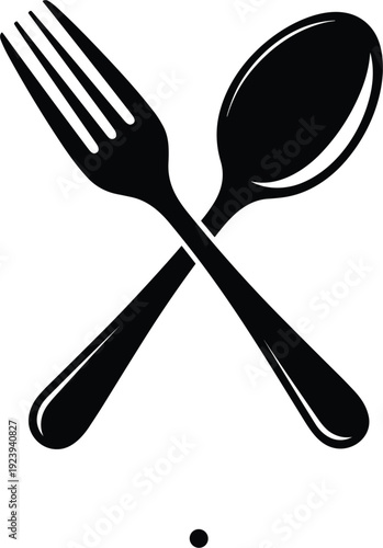 Black crossed fork and spoon silhouette icon for restaurant logo cafe menu design kitchen utensils and catering service branding vector illustration.