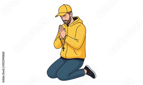 Man kneeling and praying with rosary beads, isolated illustration