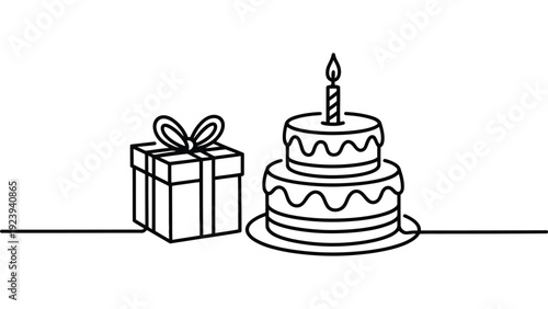 continuous line illustration of birthday cake with candle and gift box symbolizing celebration party anniversary and special occasion