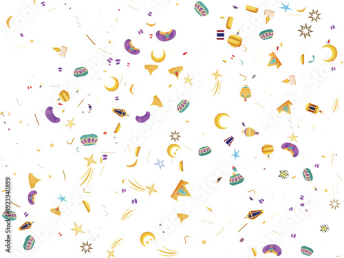 Ramadan Islamic celebration confetti vector background with crescent moons stars lanterns