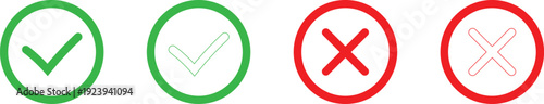 Professional flat tick and cross mark icon collection with solid and outline variations in red and green colors for general business assessment