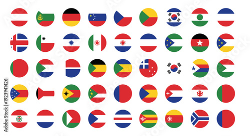 A collection of international flags representing different countries displayed together on a white background from a direct viewpoint