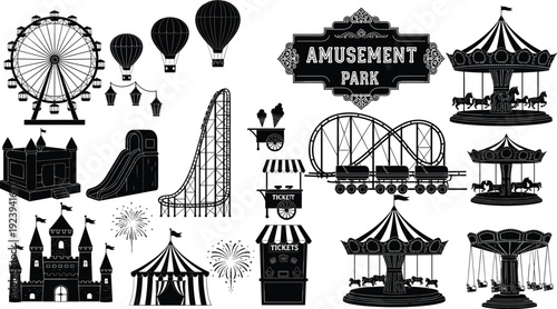 Amusement park silhouette icons set, Ferris wheel roller coaster castle circus tent fireworks food stand graphics, festive entertainment design collection