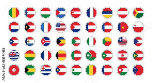 A collection of international country flags arranged in a grid pattern on a plain background from a direct viewpoint