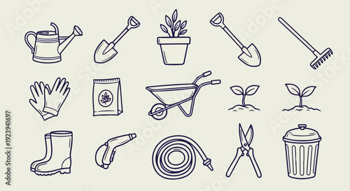 Casual Gardening Doodle Icon Set – Watering Can, Plant Pot, Shovel, Rake and Garden Essentials Simple Line Illustration