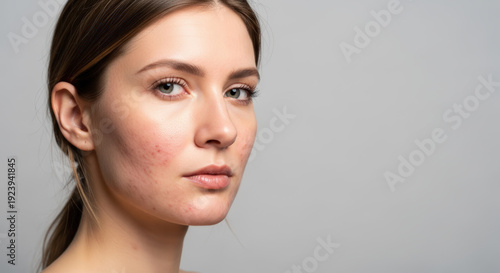 Close-up of a Caucasian woman with acne showing a neutral expression against a minimalist background