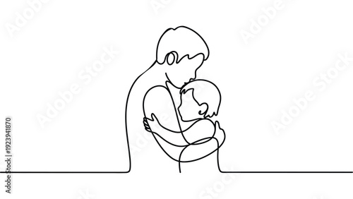 continuous line illustration of mother hugging child symbolizing love care protection parenting and family bond concept