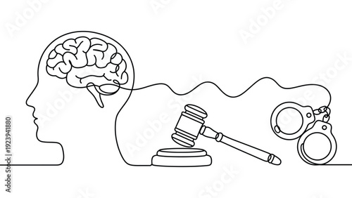 continuous line illustration of human head brain connected to judge gavel and handcuffs symbolizing law psychology crime and justice