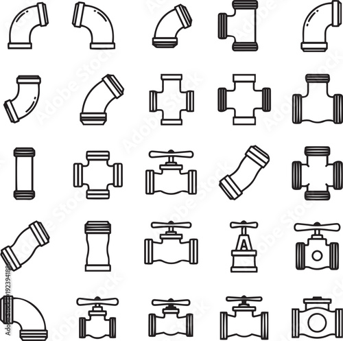 Collection of black and white line depicting plumbing pipes and valves fittings elbows