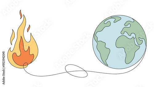 flat illustration of earth connected to fire by cord symbolizing global warming climate change and environmental crisis concept