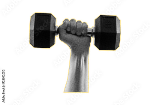 Dumbbell halftone collage. Trendy retro halftone collage element isolated on transparent background.