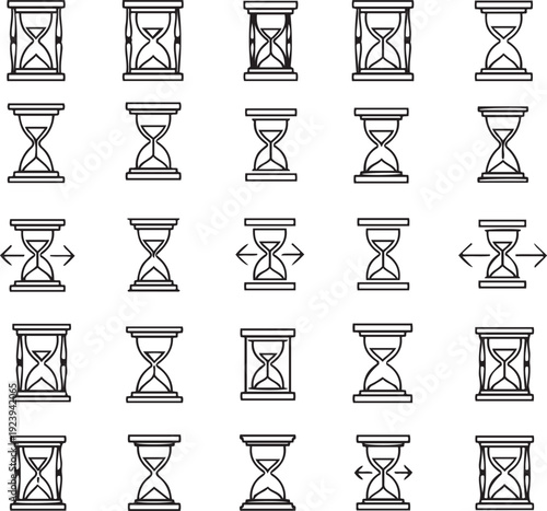 Collection of hourglass with horizontal arrows indicating time passage sand timer clock