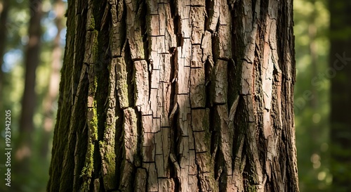 Close up of a tree trunk with textured bark and natural sunlight filtering through