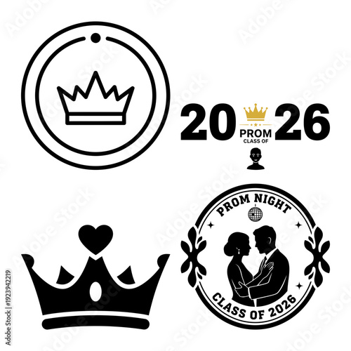 Prom Class Crown Badge and Typography Icon Bundle