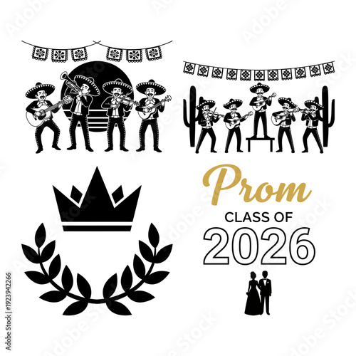 Prom Night Mariachi Banner and Crown Wreath Icon Bundle