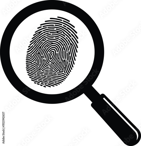 A detective uses a magnifying glass to examine a unique biometric fingerprint pattern for forensic identification and criminal evidence security