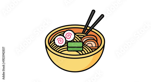 A steaming bowl of ramen noodles with eggs and vegetables, chopsticks resting on the side, a popular Asian culinary delight