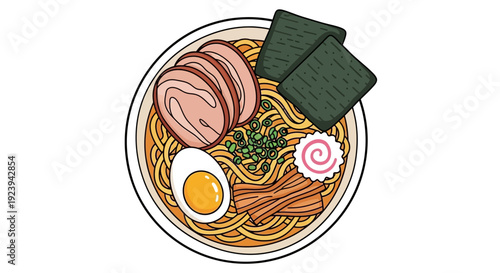 A steaming bowl of ramen noodles topped with slices of pork, boiled egg, seaweed, and spring onions, served in a simple white bowl