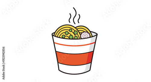 Steaming bowl of ramen noodles with vegetables and slices of meat illustration