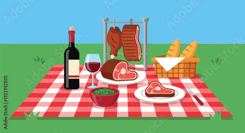 Picnic setup with grilled meat wine and corn.