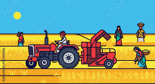 Tractor harvesting wheat field with farmers.