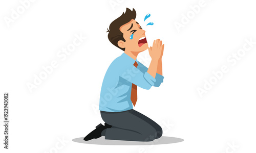 Businessman Crying and Pleading on Knees with Tears