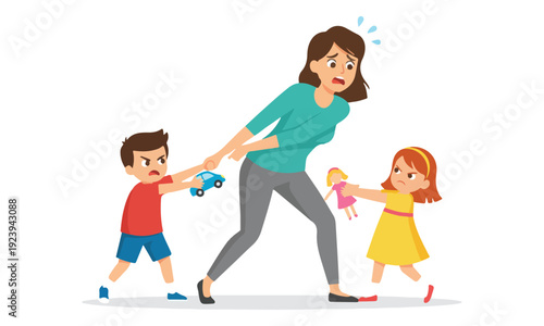 Overwhelmed Mother Pulled by Arguing Children with Toys