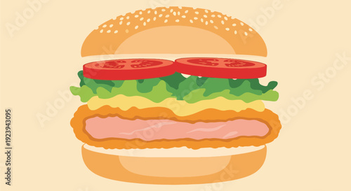 Juicy Burger with Tomatoes and Lettuce on Sesame Bun.