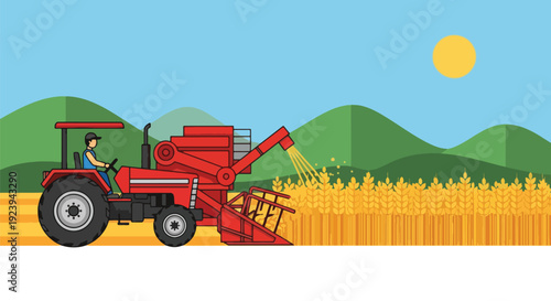 Red tractor harvesting wheat in field.