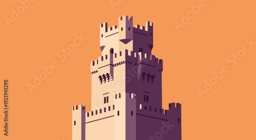 medieval castle tower on orange background.