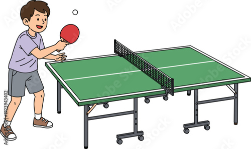 Young boy playing table tennis or ping pong standing at a green table with a red racket hitting the ball for sports competition and active lifestyle vector.