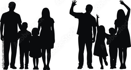 Family silhouette set with parents and children standing and waving isolated on white background for unity concept design