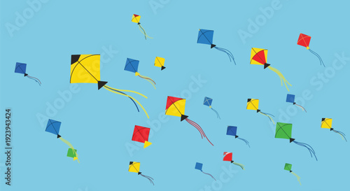 Colorful Kites Flying in Blue Sky.