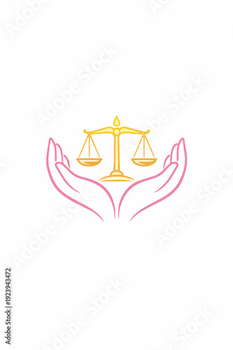 Minimal line icon of balance scales held by open hands symbolizing justice law and fairness on white background for legal services attorney branding court education and charity logos