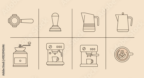 Coffee machine line icons set coffee maker grinder kettle.