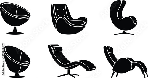 Modern lounge chair silhouettes, contemporary furniture icons, ergonomic seating designs, pod recliner chaise graphics, minimalistic interior decor illustration collection