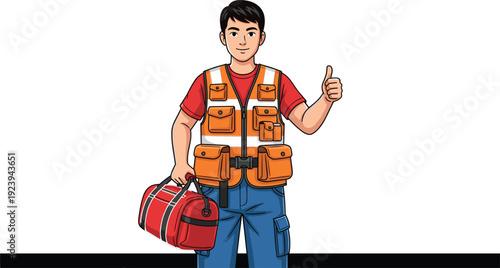 Professional male technician or delivery worker character wearing orange safety vest holding a tool bag and giving a thumbs up gesture for service industries vector.
