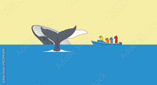 Whale diving in ocean near small boat.