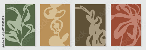 Tropical abstract wall art vector set with forest green foliage, mustard accents, and warm terracotta tones. Modern botanical design for posters, prints, packaging, branding.