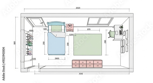 Detailed architectural floor plan of a bedroom with furniture arrangement and dimensions.