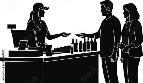 Black and White Silhouette Vector of a Female Cashier Serving Customers at a Retail Counter for Small Business Commerce and Professional Service Concept