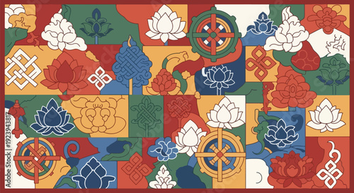 Tibetan Buddhist symbols colorful seamless pattern.