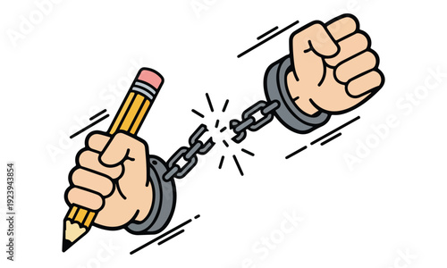 Freedom of expression: Hand with pencil breaking handcuffs chain