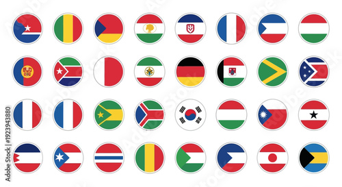 Collection of diverse international flags displayed in a grid pattern on a neutral background from a direct viewpoint