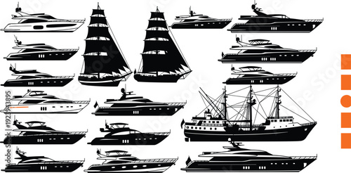 Large collection of black ship and yacht silhouettes including luxury motor boats sailing vessels cruise ships and maritime transport icons for marine design nautical travel and ocean vector.