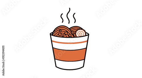 Steaming hot noodles in a striped bowl, a simple illustration of a culinary delight, viewed from the front
