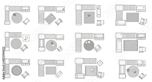 Top-down view of various interior design layouts showcasing furniture arrangements and spatial planning.
