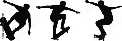 Skateboarder silhouette set performing tricks and jumps isolated on white background for extreme sport action design